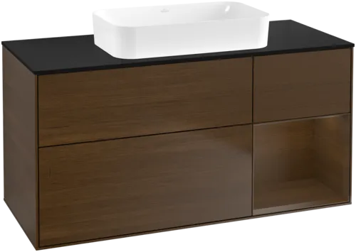Bild von VILLEROY BOCH Finion Waschbeckenunterschrank, mit Beleuchtung, 3 Auszüge, 1200 x 603 x 501 mm, Walnut Veneer / Walnut Veneer / Glass Black Matt #F712GNGN