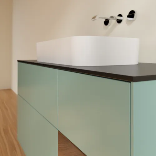 Bild von VILLEROY BOCH Finion Waschbeckenunterschrank, mit Beleuchtung, 3 Auszüge, 1200 x 603 x 501 mm, Olive Matt Lacquer / Walnut Veneer / Glass Black Matt #F712GNGM