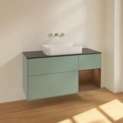 Bild von VILLEROY BOCH Finion Waschbeckenunterschrank, mit Beleuchtung, 3 Auszüge, 1200 x 603 x 501 mm, Olive Matt Lacquer / Walnut Veneer / Glass Black Matt #F712GNGM
