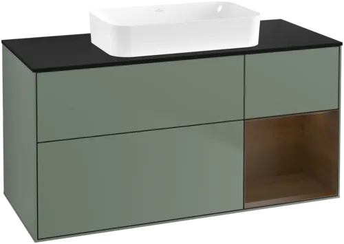 Bild von VILLEROY BOCH Finion Waschbeckenunterschrank, mit Beleuchtung, 3 Auszüge, 1200 x 603 x 501 mm, Olive Matt Lacquer / Walnut Veneer / Glass Black Matt #F712GNGM
