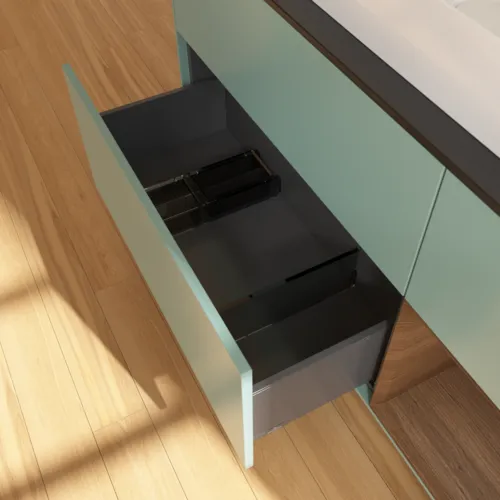 Bild von VILLEROY BOCH Finion Waschbeckenunterschrank, mit Beleuchtung, 3 Auszüge, 1200 x 603 x 501 mm, Olive Matt Lacquer / Walnut Veneer / Glass Black Matt #F712GNGM