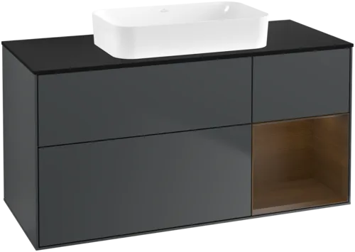 Obrázek VILLEROY BOCH Toaletní skříňka Finion, s osvětlením, 3 výsuvy, 1200 x 603 x 501 mm, půlnočně modrý matný lak / ořechová dýha / černé matné sklo #F712GNHG