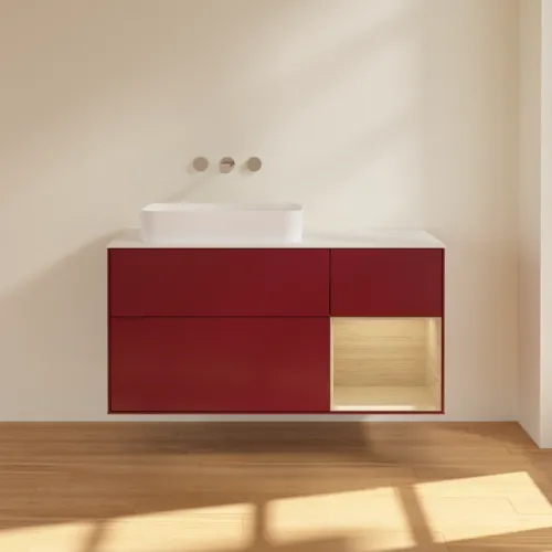 Picture of VILLEROY BOCH Finion Vanity unit, with lighting, 3 pull-out compartments, 1200 x 603 x 501 mm, Peony Matt Lacquer / Oak Veneer / Glass White Matt #F691PCHB