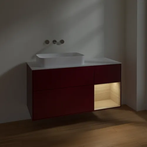 Picture of VILLEROY BOCH Finion Vanity unit, with lighting, 3 pull-out compartments, 1200 x 603 x 501 mm, Peony Matt Lacquer / Oak Veneer / Glass White Matt #F691PCHB