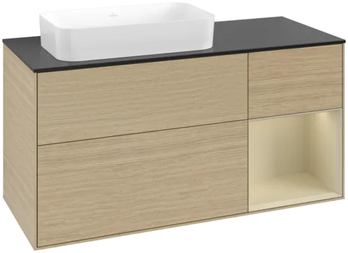 Bild von VILLEROY BOCH Finion Waschbeckenunterschrank, mit Beleuchtung, 3 Auszüge, 1200 x 603 x 501 mm, Oak Veneer / Silk Grey Matt Lacquer / Glass Black Matt #F692HJPC
