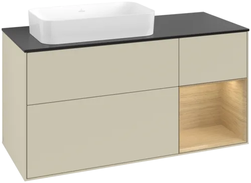 Bild von VILLEROY BOCH Finion Waschbeckenunterschrank, mit Beleuchtung, 3 Auszüge, 1200 x 603 x 501 mm, Silk Grey Matt Lacquer / Oak Veneer / Glass Black Matt #F692PCHJ
