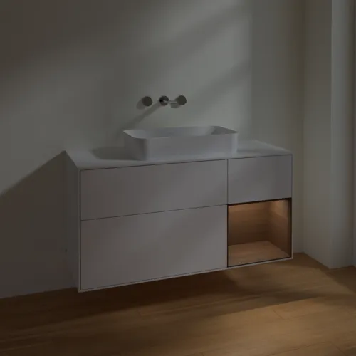 Bild von VILLEROY BOCH Finion Waschbeckenunterschrank, mit Beleuchtung, 3 Auszüge, 1200 x 603 x 501 mm, Glossy White Lacquer / Walnut Veneer / Glass White Matt #F711GNGF