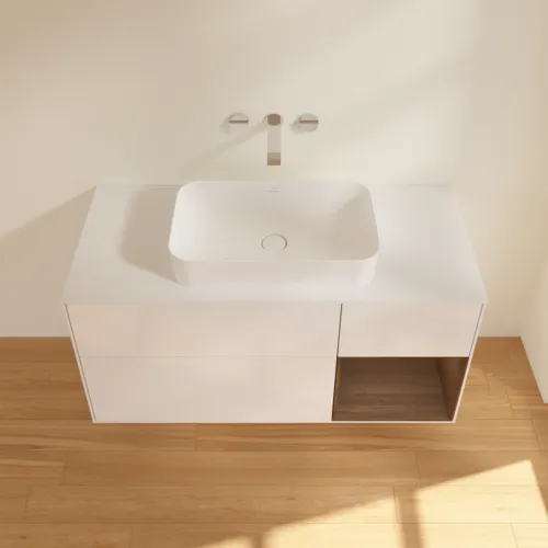 Bild von VILLEROY BOCH Finion Waschbeckenunterschrank, mit Beleuchtung, 3 Auszüge, 1200 x 603 x 501 mm, Glossy White Lacquer / Walnut Veneer / Glass White Matt #F711GNGF