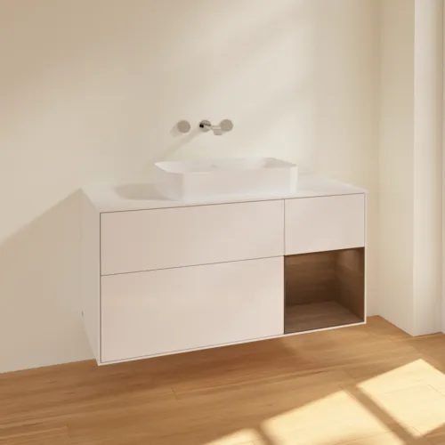Bild von VILLEROY BOCH Finion Waschbeckenunterschrank, mit Beleuchtung, 3 Auszüge, 1200 x 603 x 501 mm, Glossy White Lacquer / Walnut Veneer / Glass White Matt #F711GNGF