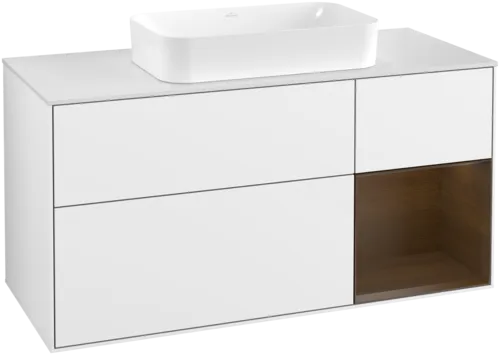 Bild von VILLEROY BOCH Finion Waschbeckenunterschrank, mit Beleuchtung, 3 Auszüge, 1200 x 603 x 501 mm, Glossy White Lacquer / Walnut Veneer / Glass White Matt #F711GNGF