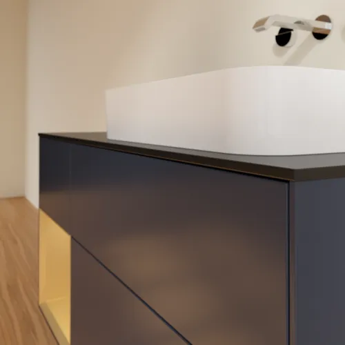 Bild von VILLEROY BOCH Finion Waschbeckenunterschrank, mit Beleuchtung, 3 Auszüge, 1200 x 603 x 501 mm, Midnight Blue Matt Lacquer / Gold Matt Lacquer / Glass Black Matt #F682HFHG