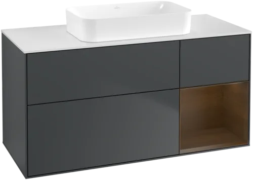 Bild von VILLEROY BOCH Finion Waschbeckenunterschrank, mit Beleuchtung, 3 Auszüge, 1200 x 603 x 501 mm, Midnight Blue Matt Lacquer / Walnut Veneer / Glass White Matt #F711GNHG