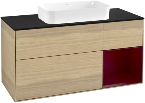 Bild von VILLEROY BOCH Finion Waschbeckenunterschrank, mit Beleuchtung, 3 Auszüge, 1200 x 603 x 501 mm, Oak Veneer / Peony Matt Lacquer / Glass Black Matt #F712HBPC
