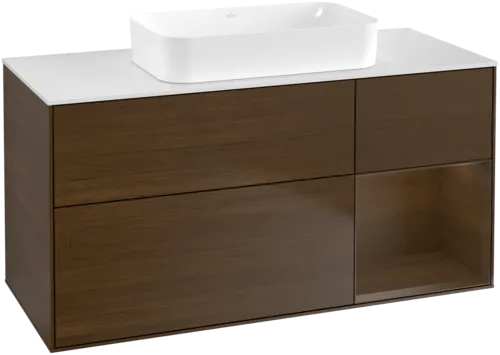 Bild von VILLEROY BOCH Finion Waschbeckenunterschrank, mit Beleuchtung, 3 Auszüge, 1200 x 603 x 501 mm, Walnut Veneer / Walnut Veneer / Glass White Matt #F711GNGN