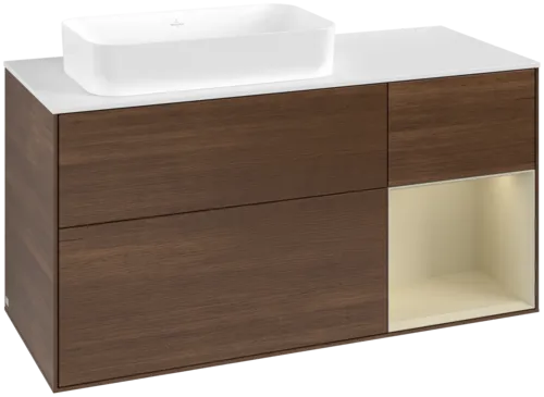 Bild von VILLEROY BOCH Finion Waschbeckenunterschrank, mit Beleuchtung, 3 Auszüge, 1200 x 603 x 501 mm, Walnut Veneer / Silk Grey Matt Lacquer / Glass White Matt #F691HJGN
