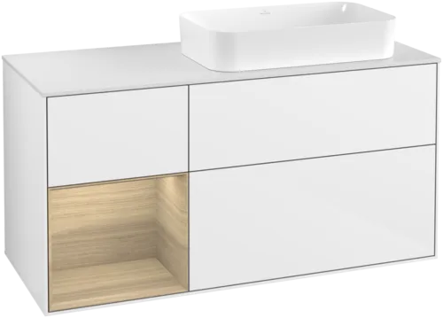 Bild von VILLEROY BOCH Finion Waschbeckenunterschrank, mit Beleuchtung, 3 Auszüge, 1200 x 603 x 501 mm, Glossy White Lacquer / Oak Veneer / Glass White Matt #F681PCGF