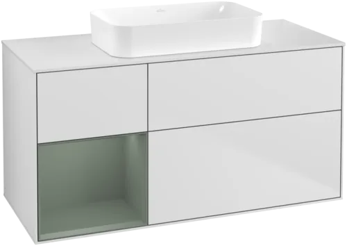 Bild von VILLEROY BOCH Finion Waschbeckenunterschrank, mit Beleuchtung, 3 Auszüge, 1200 x 603 x 501 mm, White Matt Lacquer / Olive Matt Lacquer / Glass White Matt #F701GMMT