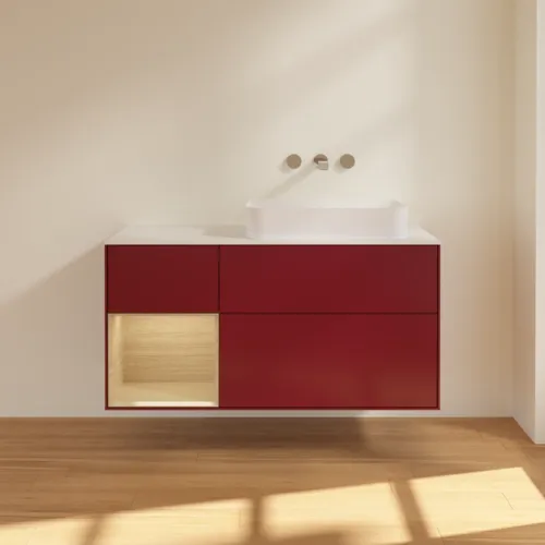 Obrázek VILLEROY BOCH Toaletní skříňka Finion, s osvětlením, 3 výsuvy, 1200 x 603 x 501 mm, matný lak Peony / dubová dýha / bílé matné sklo #F681PCHB