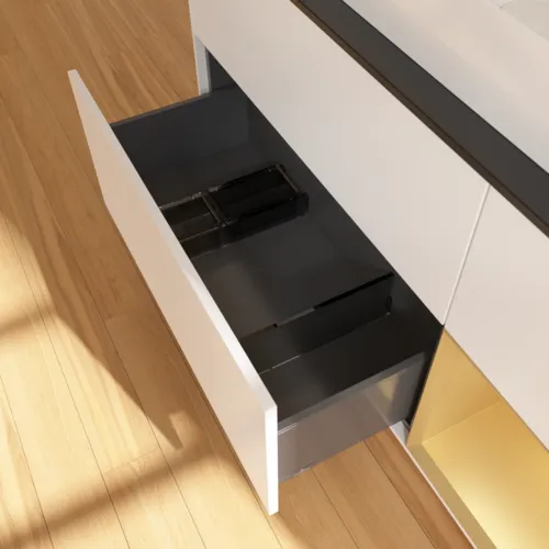 Bild von VILLEROY BOCH Finion Waschbeckenunterschrank, mit Beleuchtung, 3 Auszüge, 1200 x 603 x 501 mm, White Matt Lacquer / Gold Matt Lacquer / Glass Black Matt #F712HFMT