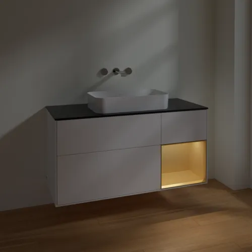 Bild von VILLEROY BOCH Finion Waschbeckenunterschrank, mit Beleuchtung, 3 Auszüge, 1200 x 603 x 501 mm, White Matt Lacquer / Gold Matt Lacquer / Glass Black Matt #F712HFMT