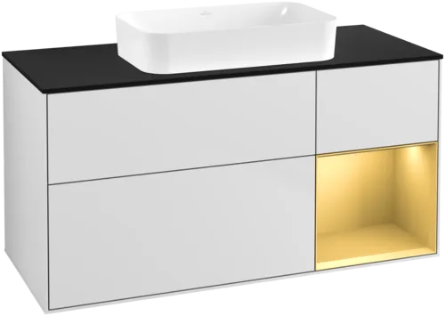 Bild von VILLEROY BOCH Finion Waschbeckenunterschrank, mit Beleuchtung, 3 Auszüge, 1200 x 603 x 501 mm, White Matt Lacquer / Gold Matt Lacquer / Glass Black Matt #F712HFMT