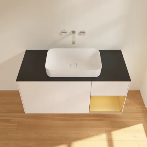 Bild von VILLEROY BOCH Finion Waschbeckenunterschrank, mit Beleuchtung, 3 Auszüge, 1200 x 603 x 501 mm, White Matt Lacquer / Gold Matt Lacquer / Glass Black Matt #F712HFMT