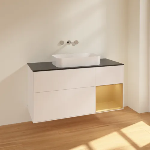 Bild von VILLEROY BOCH Finion Waschbeckenunterschrank, mit Beleuchtung, 3 Auszüge, 1200 x 603 x 501 mm, White Matt Lacquer / Gold Matt Lacquer / Glass Black Matt #F712HFMT
