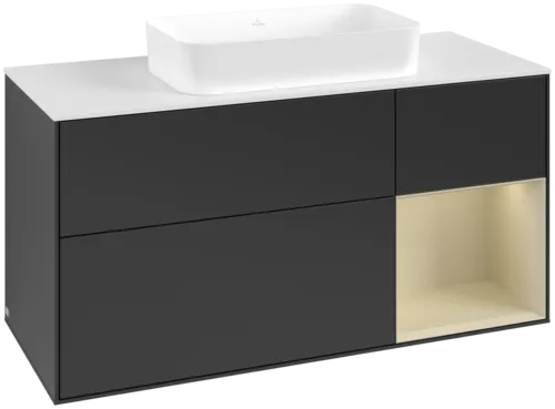 Bild von VILLEROY BOCH Finion Waschbeckenunterschrank, mit Beleuchtung, 3 Auszüge, 1200 x 603 x 501 mm, Black Matt Lacquer / Silk Grey Matt Lacquer / Glass White Matt #F711HJPD