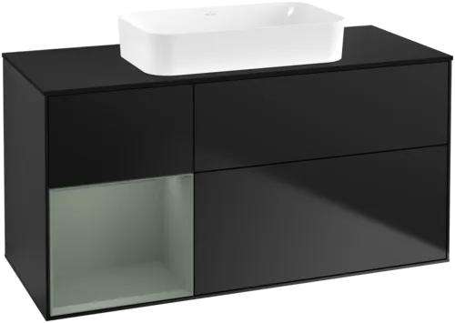 Bild von VILLEROY BOCH Finion Waschbeckenunterschrank, mit Beleuchtung, 3 Auszüge, 1200 x 603 x 501 mm, Black Matt Lacquer / Olive Matt Lacquer / Glass Black Matt #F702GMPD