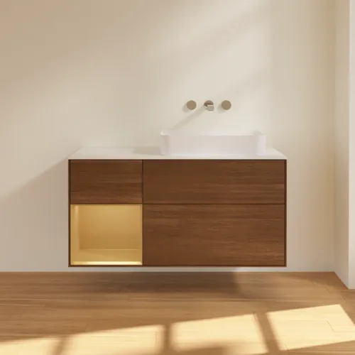Bild von VILLEROY BOCH Finion Waschbeckenunterschrank, mit Beleuchtung, 3 Auszüge, 1200 x 603 x 501 mm, Walnut Veneer / Gold Matt Lacquer / Glass White Matt #F681HFGN
