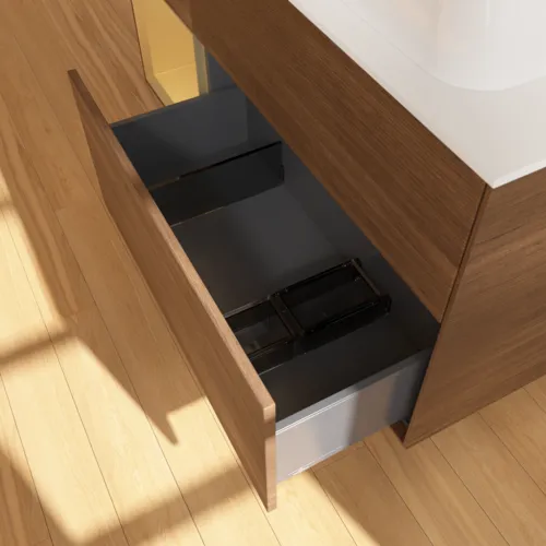 Bild von VILLEROY BOCH Finion Waschbeckenunterschrank, mit Beleuchtung, 3 Auszüge, 1200 x 603 x 501 mm, Walnut Veneer / Gold Matt Lacquer / Glass White Matt #F681HFGN