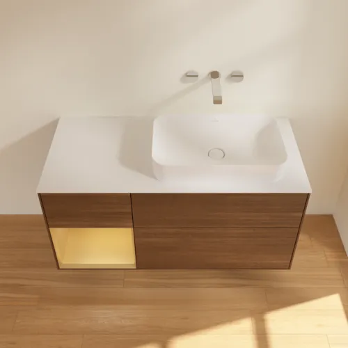Bild von VILLEROY BOCH Finion Waschbeckenunterschrank, mit Beleuchtung, 3 Auszüge, 1200 x 603 x 501 mm, Walnut Veneer / Gold Matt Lacquer / Glass White Matt #F681HFGN