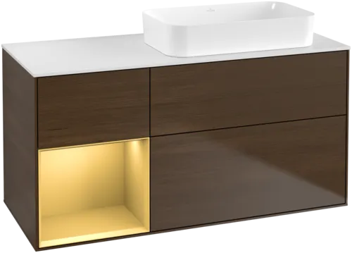 Bild von VILLEROY BOCH Finion Waschbeckenunterschrank, mit Beleuchtung, 3 Auszüge, 1200 x 603 x 501 mm, Walnut Veneer / Gold Matt Lacquer / Glass White Matt #F681HFGN