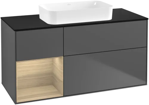 Obrázek VILLEROY BOCH Toaletní skříňka Finion, s osvětlením, 3 výsuvy, 1200 x 603 x 501 mm, antracitový matný lak / dubová dýha / černé matné sklo #F702PCGK