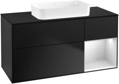 Bild von VILLEROY BOCH Finion Waschbeckenunterschrank, mit Beleuchtung, 3 Auszüge, 1200 x 603 x 501 mm, Black Matt Lacquer / White Matt Lacquer / Glass Black Matt #F712MTPD