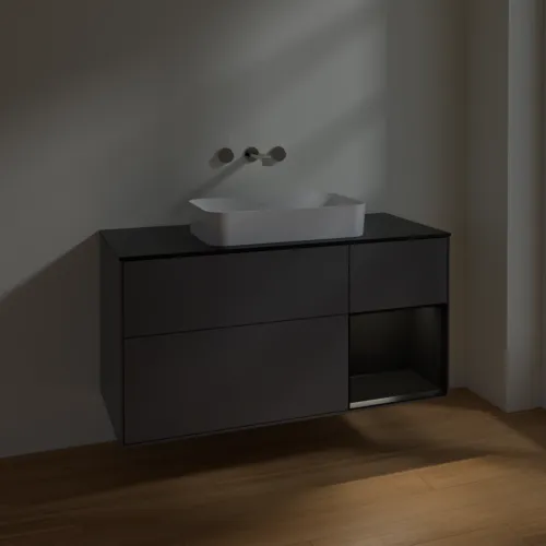 Bild von VILLEROY BOCH Finion Waschbeckenunterschrank, mit Beleuchtung, 3 Auszüge, 1200 x 603 x 501 mm, Anthracite Matt Lacquer / Black Matt Lacquer / Glass Black Matt #F712PDGK
