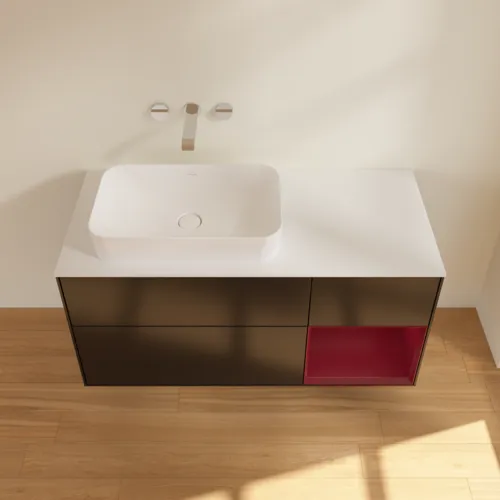 Bild von VILLEROY BOCH Finion Waschbeckenunterschrank, mit Beleuchtung, 3 Auszüge, 1200 x 603 x 501 mm, Black Matt Lacquer / Peony Matt Lacquer / Glass White Matt #F691HBPD