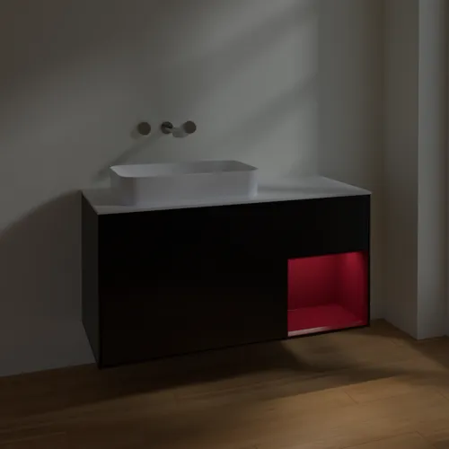 Bild von VILLEROY BOCH Finion Waschbeckenunterschrank, mit Beleuchtung, 3 Auszüge, 1200 x 603 x 501 mm, Black Matt Lacquer / Peony Matt Lacquer / Glass White Matt #F691HBPD