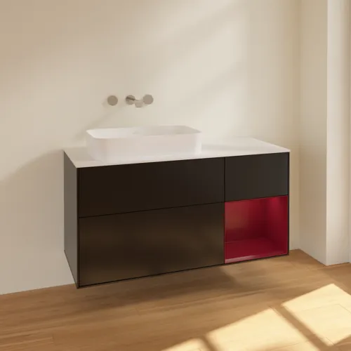 Bild von VILLEROY BOCH Finion Waschbeckenunterschrank, mit Beleuchtung, 3 Auszüge, 1200 x 603 x 501 mm, Black Matt Lacquer / Peony Matt Lacquer / Glass White Matt #F691HBPD
