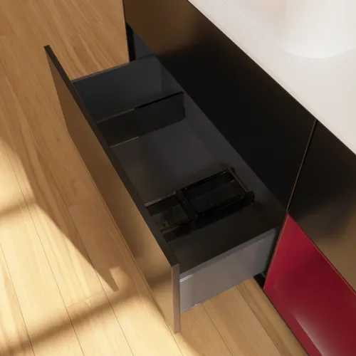 Bild von VILLEROY BOCH Finion Waschbeckenunterschrank, mit Beleuchtung, 3 Auszüge, 1200 x 603 x 501 mm, Black Matt Lacquer / Peony Matt Lacquer / Glass White Matt #F691HBPD