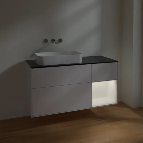 Bild von VILLEROY BOCH Finion Waschbeckenunterschrank, mit Beleuchtung, 3 Auszüge, 1200 x 603 x 501 mm, Glossy White Lacquer / White Matt Lacquer / Glass Black Matt #F692MTGF
