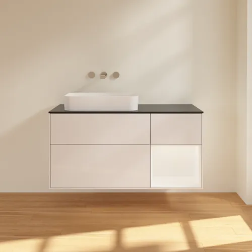 Bild von VILLEROY BOCH Finion Waschbeckenunterschrank, mit Beleuchtung, 3 Auszüge, 1200 x 603 x 501 mm, Glossy White Lacquer / White Matt Lacquer / Glass Black Matt #F692MTGF