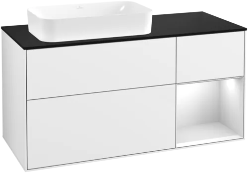 Bild von VILLEROY BOCH Finion Waschbeckenunterschrank, mit Beleuchtung, 3 Auszüge, 1200 x 603 x 501 mm, Glossy White Lacquer / White Matt Lacquer / Glass Black Matt #F692MTGF