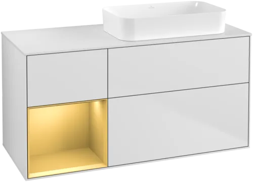 Bild von VILLEROY BOCH Finion Waschbeckenunterschrank, mit Beleuchtung, 3 Auszüge, 1200 x 603 x 501 mm, White Matt Lacquer / Gold Matt Lacquer / Glass White Matt #F681HFMT