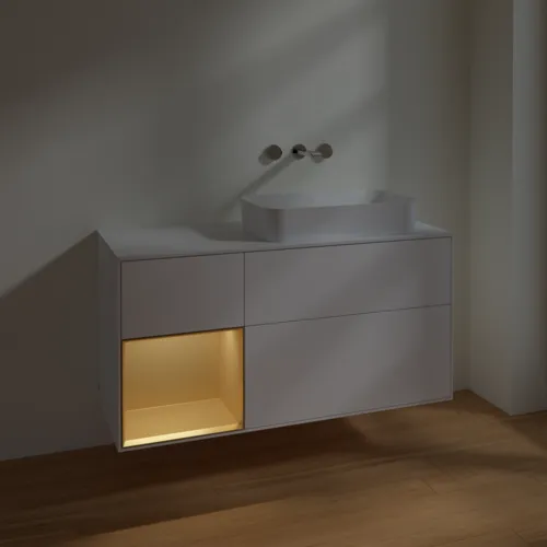 Bild von VILLEROY BOCH Finion Waschbeckenunterschrank, mit Beleuchtung, 3 Auszüge, 1200 x 603 x 501 mm, White Matt Lacquer / Gold Matt Lacquer / Glass White Matt #F681HFMT