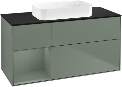 Bild von VILLEROY BOCH Finion Waschbeckenunterschrank, mit Beleuchtung, 3 Auszüge, 1200 x 603 x 501 mm, Olive Matt Lacquer / Olive Matt Lacquer / Glass Black Matt #F702GMGM