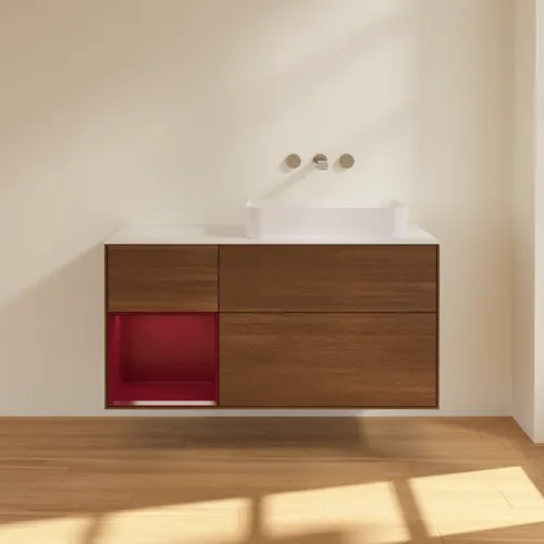 Bild von VILLEROY BOCH Finion Waschbeckenunterschrank, mit Beleuchtung, 3 Auszüge, 1200 x 603 x 501 mm, Walnut Veneer / Peony Matt Lacquer / Glass White Matt #F681HBGN