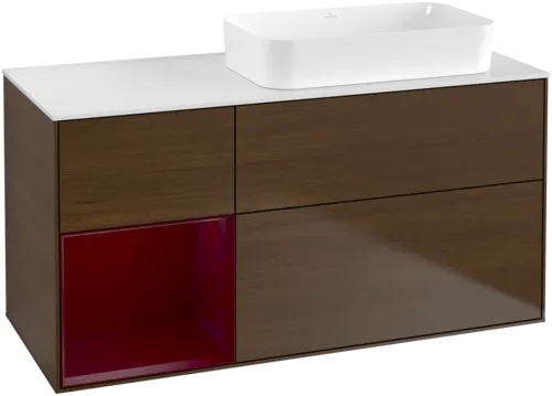 Bild von VILLEROY BOCH Finion Waschbeckenunterschrank, mit Beleuchtung, 3 Auszüge, 1200 x 603 x 501 mm, Walnut Veneer / Peony Matt Lacquer / Glass White Matt #F681HBGN