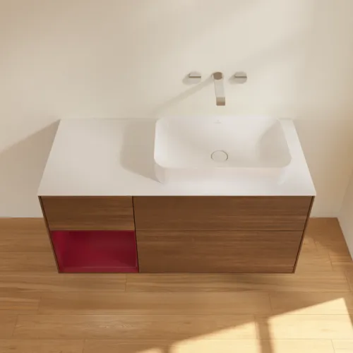 Bild von VILLEROY BOCH Finion Waschbeckenunterschrank, mit Beleuchtung, 3 Auszüge, 1200 x 603 x 501 mm, Walnut Veneer / Peony Matt Lacquer / Glass White Matt #F681HBGN