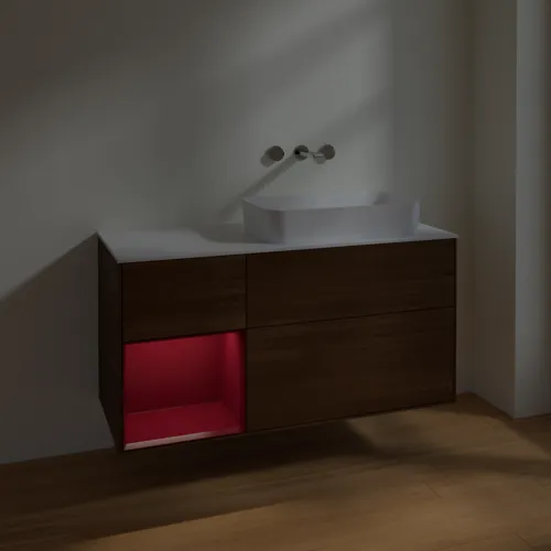 Bild von VILLEROY BOCH Finion Waschbeckenunterschrank, mit Beleuchtung, 3 Auszüge, 1200 x 603 x 501 mm, Walnut Veneer / Peony Matt Lacquer / Glass White Matt #F681HBGN